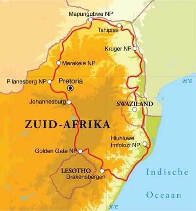 Routekaart Rondreis Zuid-Afrika nationale parken, 18 dagen hotel/chaletreis