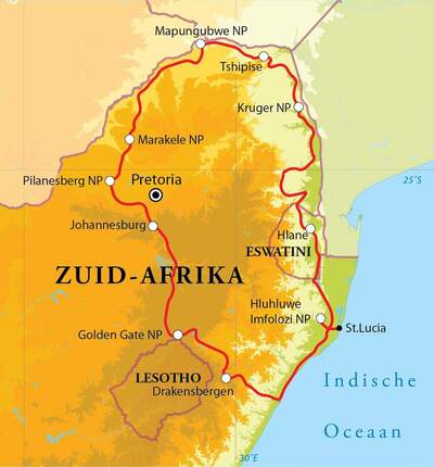 Routekaart Rondreis Zuid-Afrika nationale parken, 18 dagen hotel/chaletreis