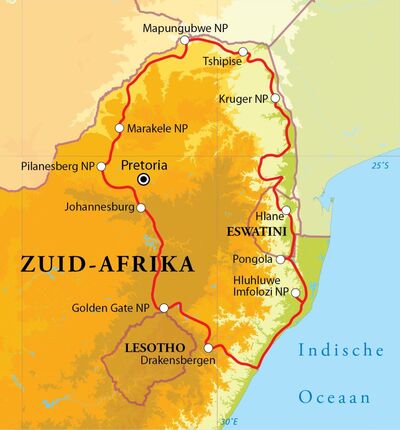 Routekaart Rondreis Zuid-Afrika nationale parken, 18 dagen hotel/chaletreis