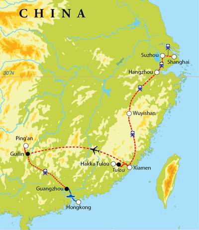 Routekaart Rondreis Oost-China, 18 dagen