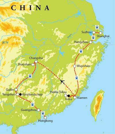 Routekaart Rondreis Oost-China, 21 dagen Routekaart Rondreis Oost-China, 21 dagen