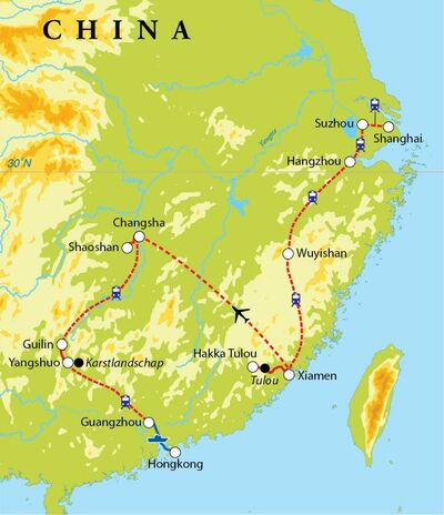 Routekaart Rondreis Oost-China, 18 dagen