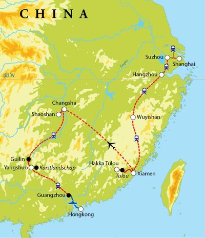 Routekaart Rondreis Oost-China, 18 dagen