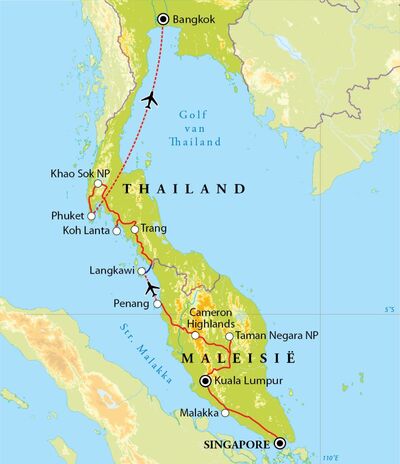 Routekaart Rondreis Thailand, Maleisië & Singapore, 21 dagen