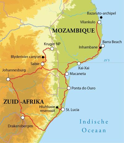 Routekaart Rondreis Zuid-Afrika & Mozambique, 20 dagen