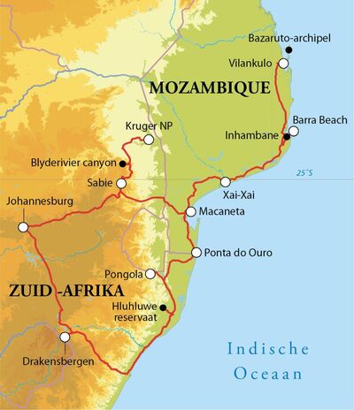 Routekaart Rondreis Zuid-Afrika & Mozambique, 20 dagen
