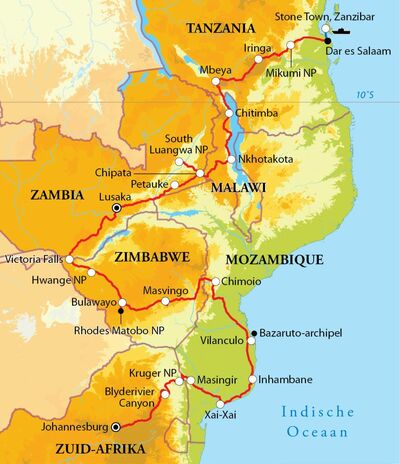 Routekaart Rondreis Afrika, 42 dagen