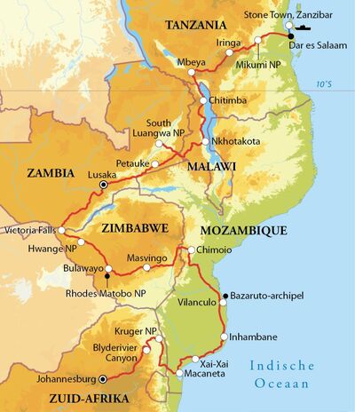 Routekaart Rondreis Afrika, 42 dagen