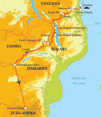 Routekaart Rondreis Tanzania, Malawi, Zambia & Zimbabwe, 22 dagen Routekaart Rondreis Tanzania, Malawi, Zambia & Zimbabwe, 22 dagen