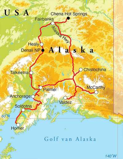 Routekaart Rondreis Alaska, 21 dagen hotel/cabinreis Routekaart Rondreis Alaska, 21 dagen hotel/cabinreis