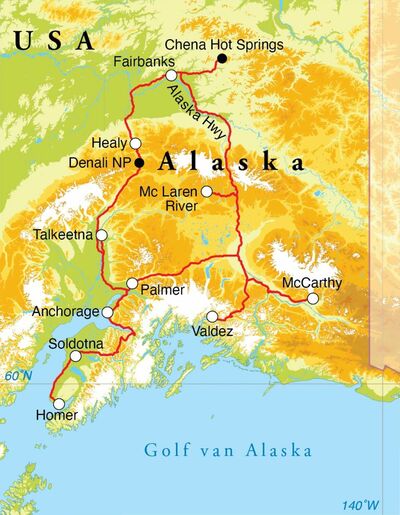 Routekaart Rondreis Alaska, 21 dagen hotel/cabinreis Routekaart Rondreis Alaska, 21 dagen hotel/cabinreis
