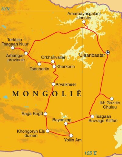 Routekaart Rondreis Mongolië, 16 dagen 