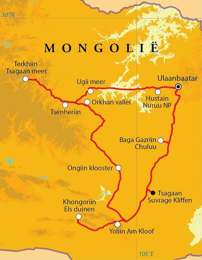 Routekaart Rondreis Mongolië, 16 dagen Routekaart Rondreis Mongolië, 16 dagen