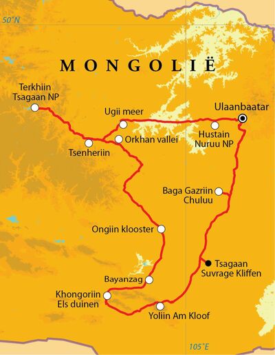 Routekaart Rondreis Mongolië, 16 dagen Routekaart Rondreis Mongolië, 16 dagen