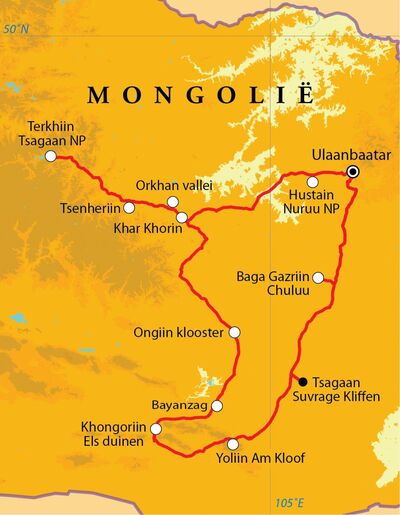 Routekaart Rondreis Mongolië, 16 dagen 