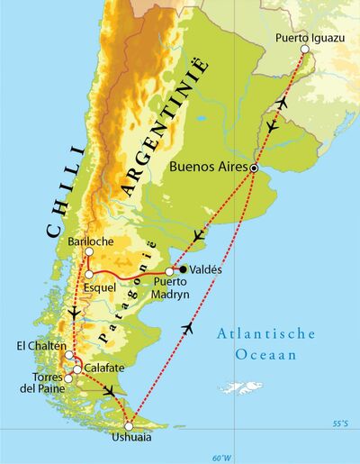 Routekaart Rondreis Argentinië, Chili & Iguaçu, 26 dagen