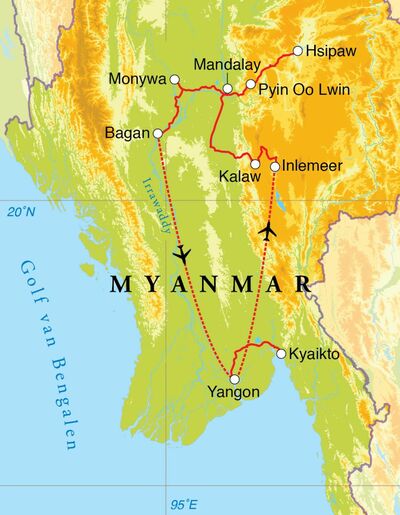 Routekaart Rondreis Myanmar, 21 dagen Routekaart Rondreis Myanmar, 21 dagen