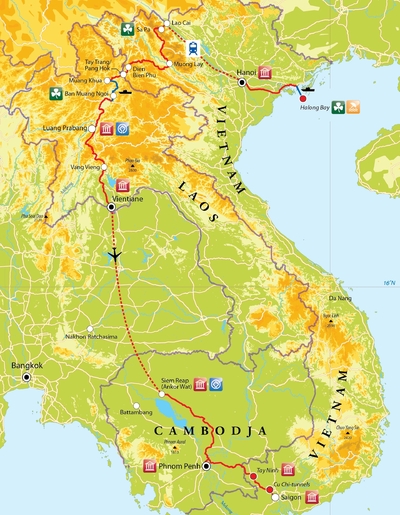 Routekaart Rondreis Vietnam, Laos & Cambodja, 23 dagen