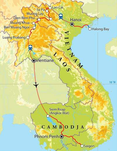 Routekaart Rondreis Vietnam, Laos & Cambodja, 23 dagen