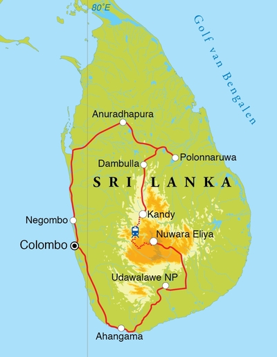 Routekaart Rondreis Sri Lanka, 15 dagen Routekaart Rondreis Sri Lanka, 15 dagen
