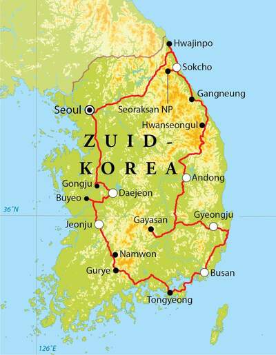 Routekaart Rondreis Zuid-Korea, 15 dagen