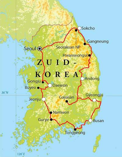 Routekaart Rondreis Zuid-Korea, 15 dagen Routekaart Rondreis Zuid-Korea, 15 dagen