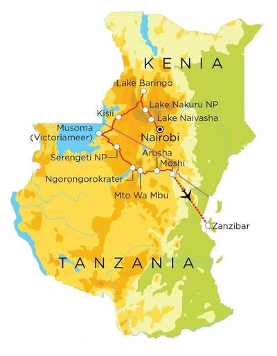Routekaart Kenia, Tanzania & Zanzibar, 21 dagen Routekaart Kenia, Tanzania & Zanzibar, 21 dagen