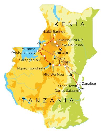 Routekaart Kenia, Tanzania & Zanzibar, 21 dagen