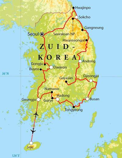 Routekaart Rondreis Zuid-Korea met Jeju, 21 dagen Routekaart Rondreis Zuid-Korea met Jeju, 21 dagen