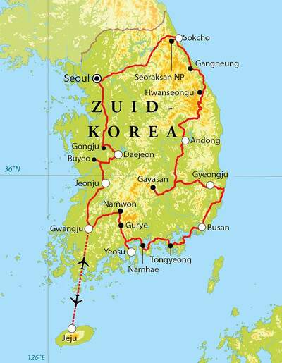 Routekaart Rondreis Zuid-Korea met Jeju, 21 dagen Routekaart Rondreis Zuid-Korea met Jeju, 21 dagen