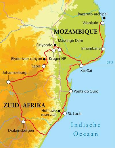 Routekaart Rondreis Zuid-Afrika & Mozambique, 19 dagen