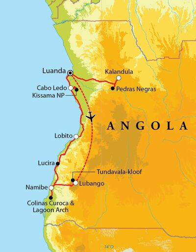 Routekaart Rondreis Angola, 19 dagen