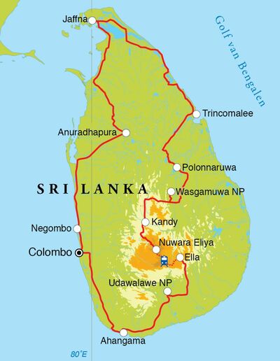 Routekaart Rondreis Sri Lanka, 21 dagen Routekaart Rondreis Sri Lanka, 21 dagen