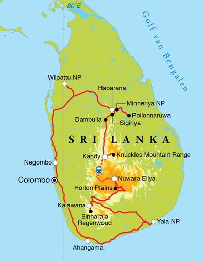 Routekaart Safarireis Sri Lanka, 15 dagen Routekaart Safarireis Sri Lanka, 15 dagen