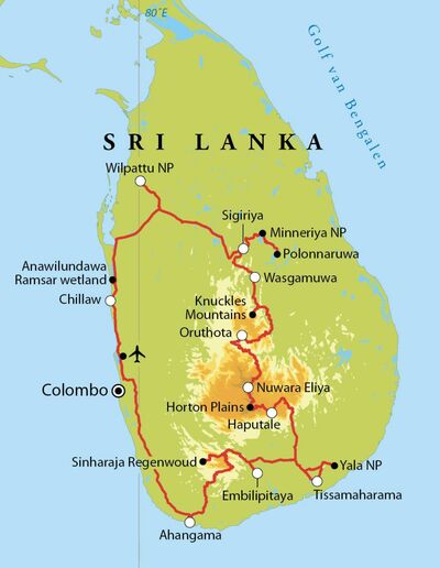 Routekaart Safarireis Sri Lanka, 15 dagen