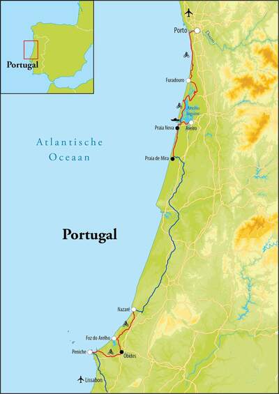 Routekaart Fietsreis Porto naar Lissabon, 8 dagen Routekaart Fietsreis Porto naar Lissabon, 8 dagen