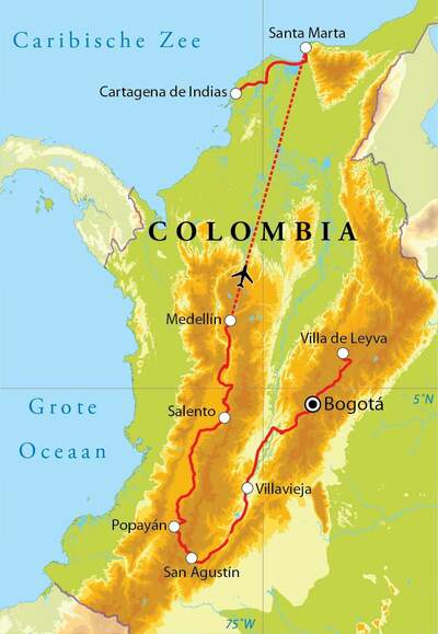 Routekaart Rondreis Colombia, 21 dagen Routekaart Rondreis Colombia, 21 dagen