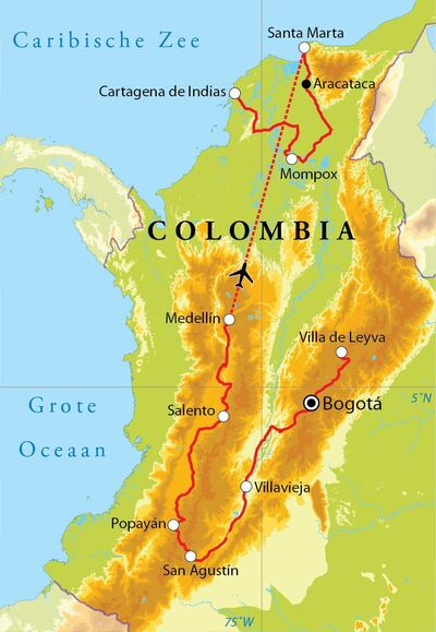 Routekaart Rondreis Colombia, 21 dagen