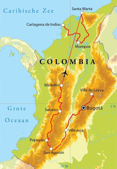 Routekaart Rondreis Colombia, 21 dagen