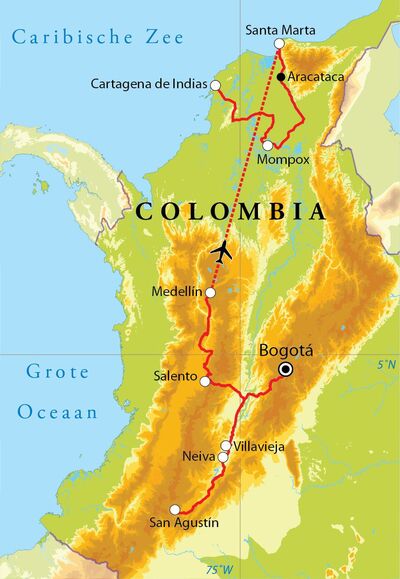 Routekaart Rondreis Colombia, 21 dagen