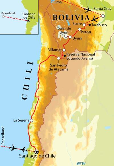 Routekaart Rondreis Bolivia, Chili & Paaseiland, 23 dagen
