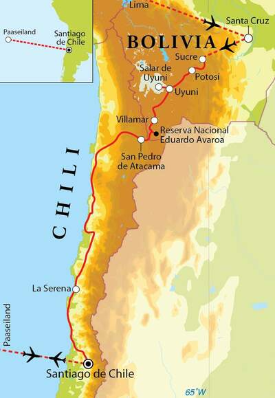 Routekaart Rondreis Bolivia, Chili & Paaseiland, 23 dagen Routekaart Rondreis Bolivia, Chili & Paaseiland, 23 dagen
