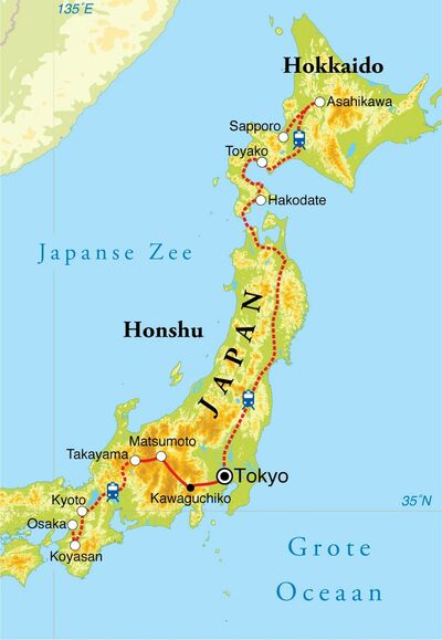 Routekaart Rondreis Japan met Hokkaido, 21 dagen