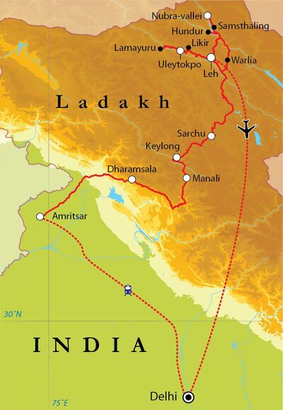 Routekaart Rondreis Ladakh, 22 dagen