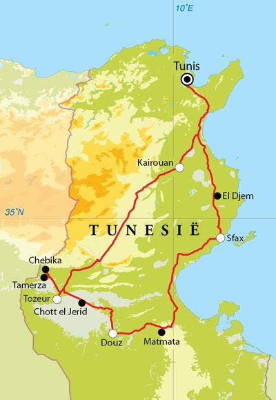 Routekaart Eclipsreis Tunesië, 8 dagen