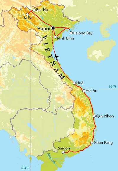 Routekaart Rondreis Vietnam, 22 dagen Routekaart Rondreis Vietnam, 22 dagen