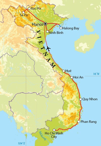 Routekaart Rondreis Vietnam, 22 dagen