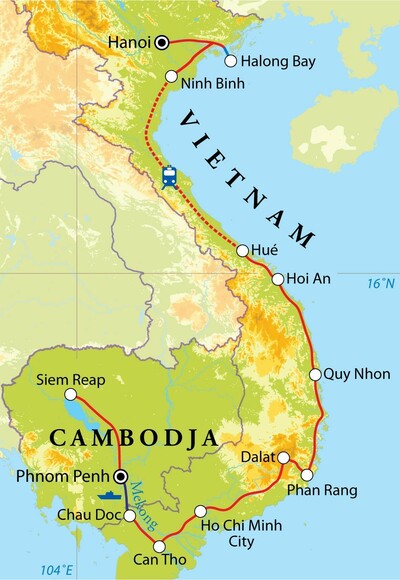 Routekaart Rondreis Vietnam & Cambodja, 27 dagen Routekaart Rondreis Vietnam & Cambodja, 27 dagen