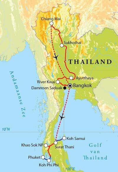 Routekaart Rondreis Thailand Noord & Zuid, 21 dagen Routekaart Rondreis Thailand Noord & Zuid, 21 dagen