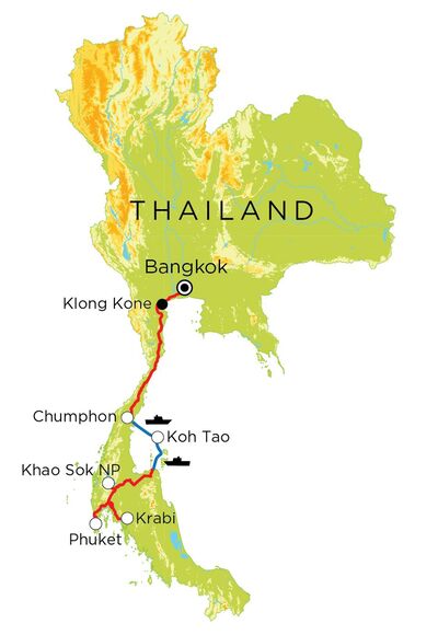 Routekaart Thailand Zuid, 15 dagen